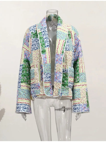 flowersverse Women Green Flower Printed Quilted Warm Coat Autumn Oversized Long Sleeve Cotton Jacket Winter Casual Fashion Streetwear