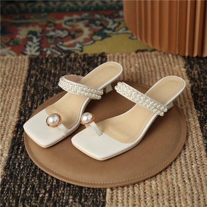 Amozae New Summer Women Sandals Pearl Beads Square Toe Stiletto Heel Females Slippers Fashion High Quality Simplicity Breathable mules