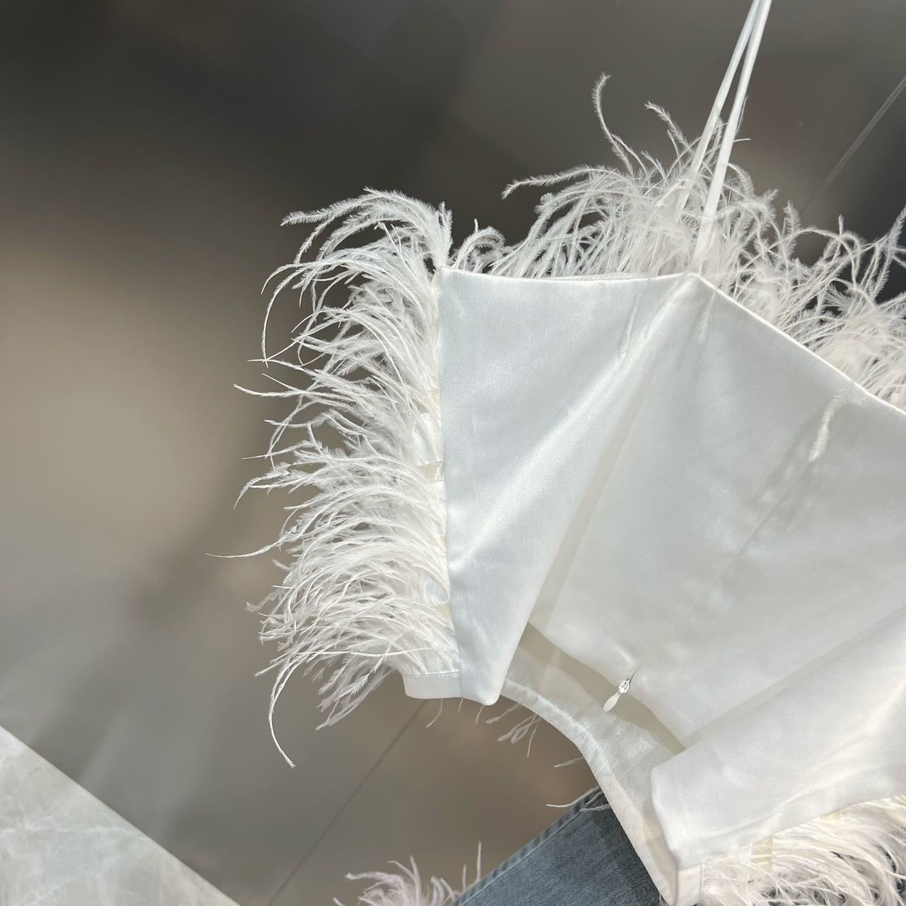 Autumn Sleeveless Feathers Camisole Crop Top Blue Denim Pants Long Jeans Two Piece Set Women GF920