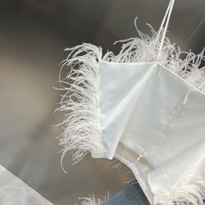 Autumn Sleeveless Feathers Camisole Crop Top Blue Denim Pants Long Jeans Two Piece Set Women GF920