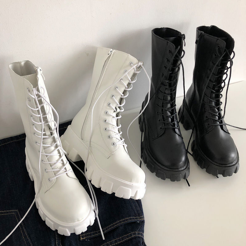 flowersverse Women's Martens Boots PU Leather White Ankle Boots Autumn Winter Motorcycle Boots Fashion Female Chunky Heel Platform Boots