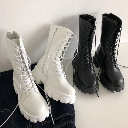 flowersverse Women's Martens Boots PU Leather White Ankle Boots Autumn Winter Motorcycle Boots Fashion Female Chunky Heel Platform Boots