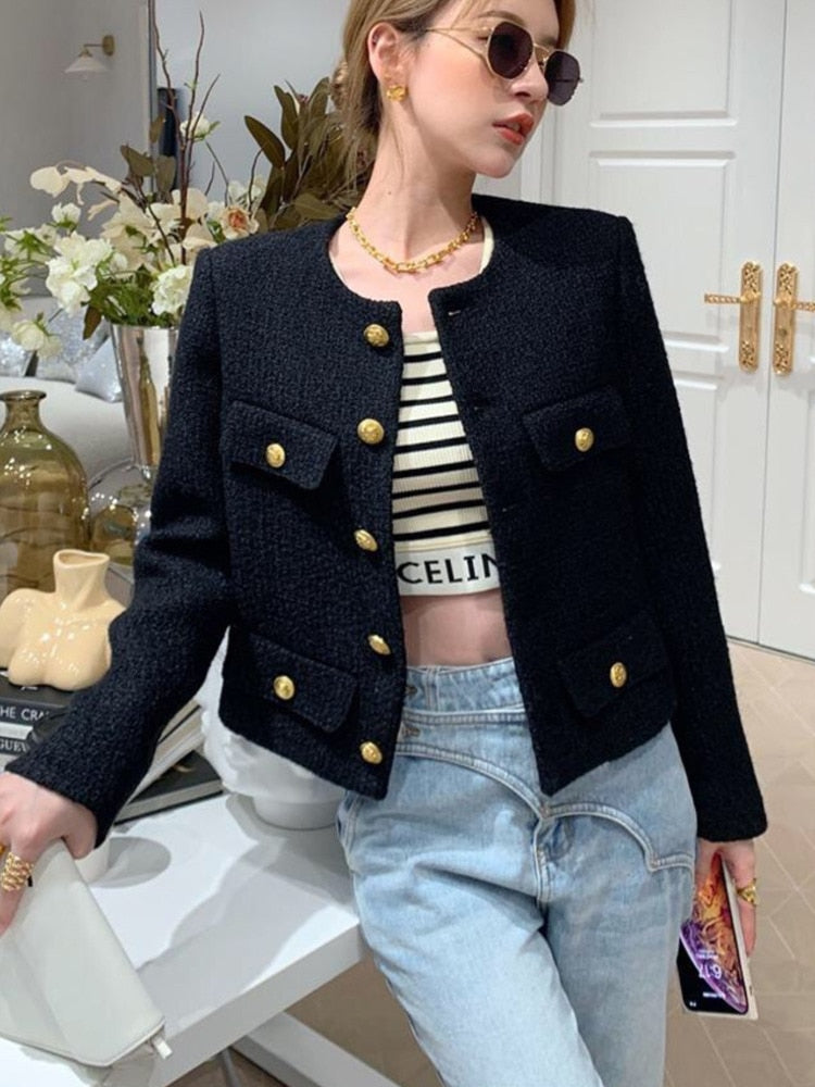flowersverse Autumn Winter Small Fragrant Tweed Jacket Coat Women Vintage Woolen Short Coats Streetwear Elegant Casual Slim Outwear Crop Top