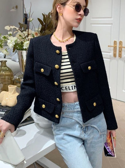 flowersverse Autumn Winter Small Fragrant Tweed Jacket Coat Women Vintage Woolen Short Coats Streetwear Elegant Casual Slim Outwear Crop Top