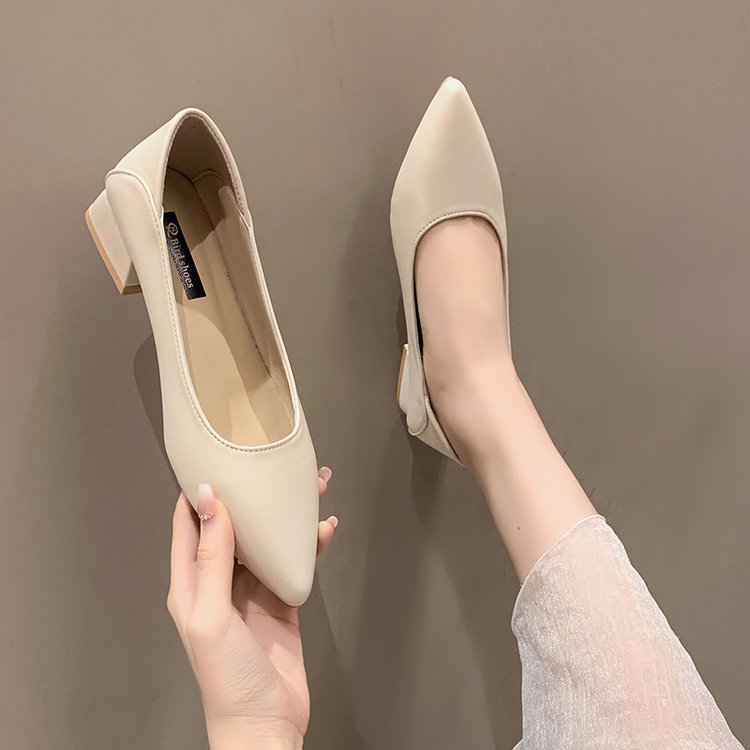 flowersverse New Fashion Exquisite Ladies Beautiful Solid Color Shallow Mouth Thick Heel Soft Sole Pointed Toe Heel Shoes Ladies High Heels