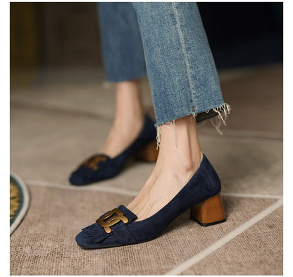 Amozae French Retro Metal Ladies Shoes Spring Buckle Square Head Women's Single Shoes Classic Thick Heels Soft Leather Female Pumps