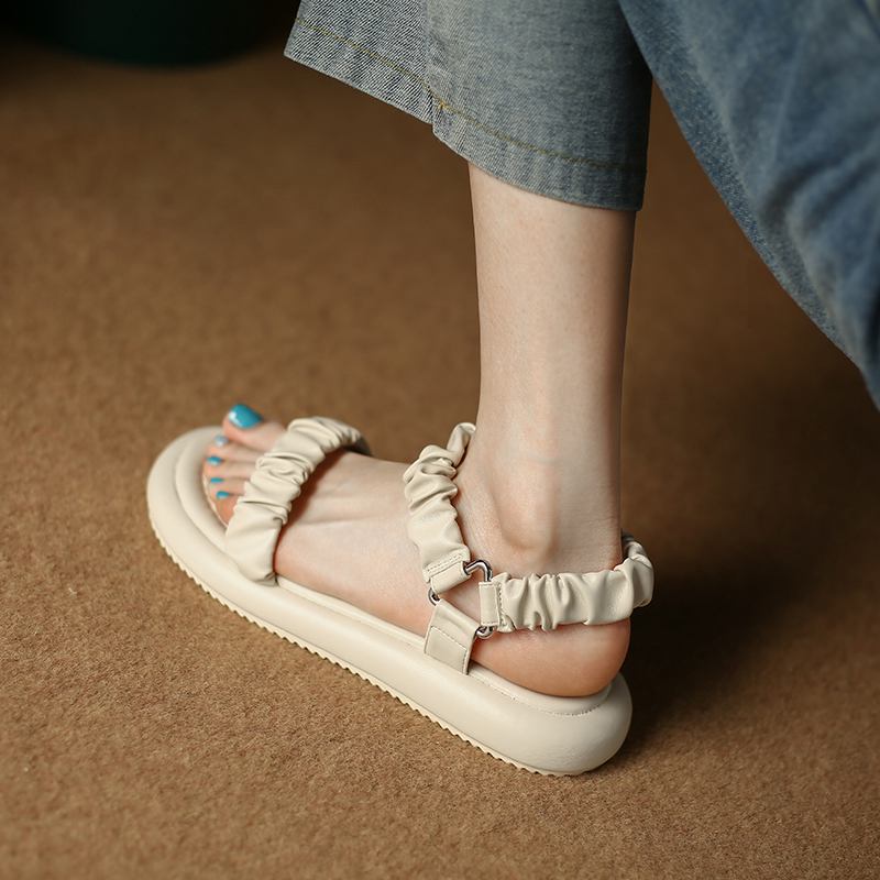 Amozae New Summer Woman Sandal Open-toe Low-heeled Platform Pleated Decorative Female Slipper Fashion High Quality Simplicity Lady Shoe