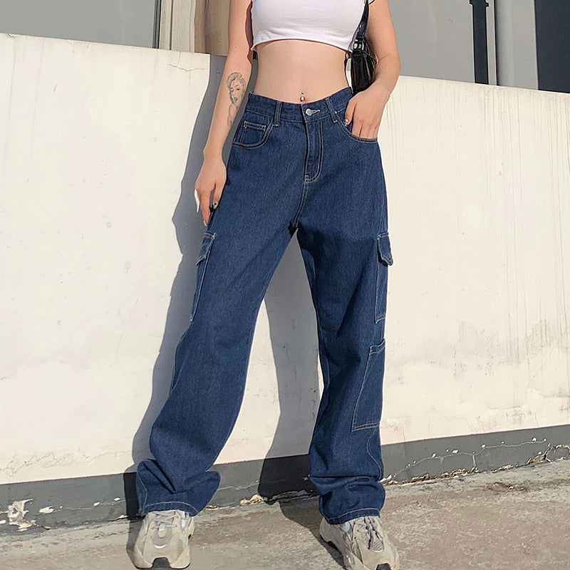 Weekeep Streetwear Fashion Women Jeans Pocket High Waist Jeans Korean Casual Straight Harajuku Denim Pants Baggy Cargo Pants