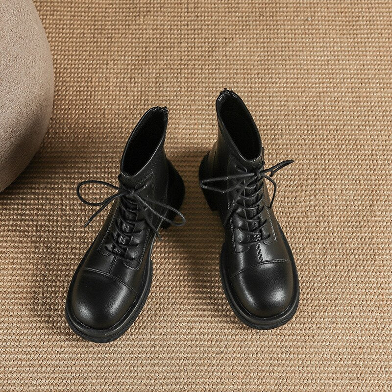 flowersverse New Winter Women Boots British Style Leather Exquisite Retro Thick Heel Short Lady Shoe Fashion Solid Zipper Concise Female Shoe