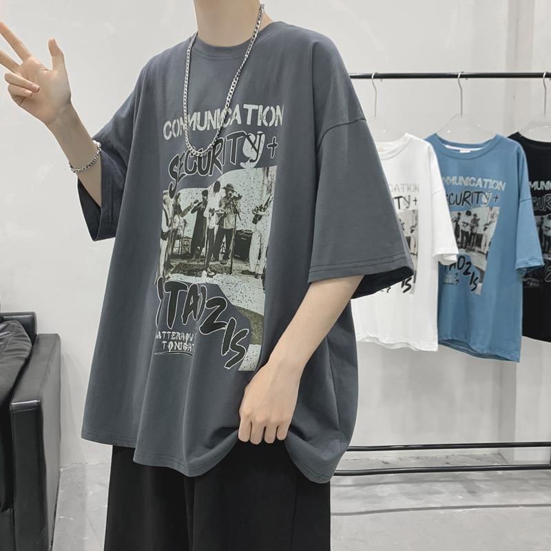 flowersverse Summer Men's Clothing Short Sleeve Loose Trend Fashion Printed Round Neck Casual Hong Kong Breeze Handsome Simplicity T-shirt