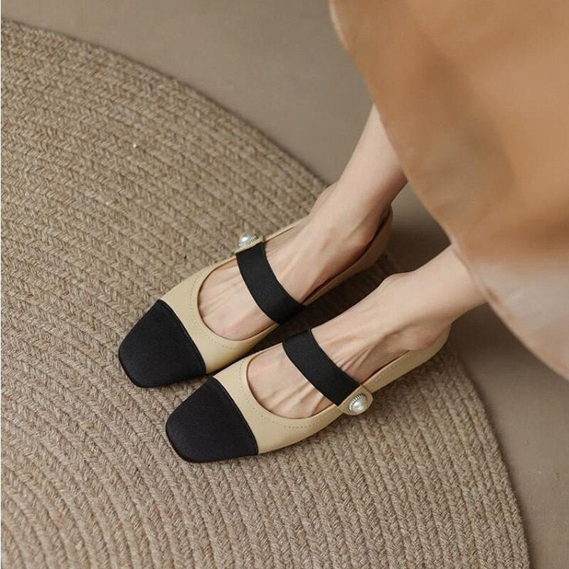 flowersverse Spring New Ladies Single Shoes Shallow Mouth Color Matching Women's Pumps Classic Pearl Fashionable One-line Belt Female Shoes