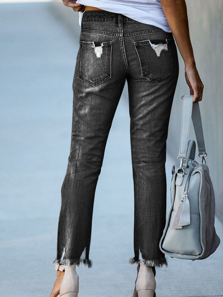 flowersverse Spring/Summer Washed Old Tassel Jeans Women's Mid-waist Solid Color Slim Fit Slim High Elastic Pencil Pants Women  Jeans