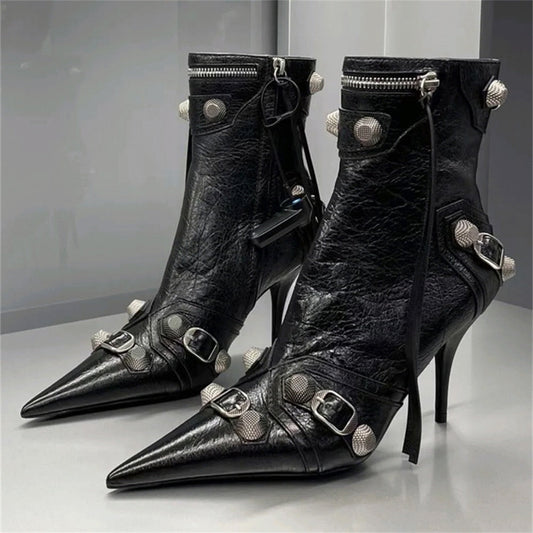 flowersverse New Women Slim High Heel Metal Buckle Chain Luxury Shoes Fashion Comfortable Pointed Toe Ankle Boots Stiletto Party Short Boots