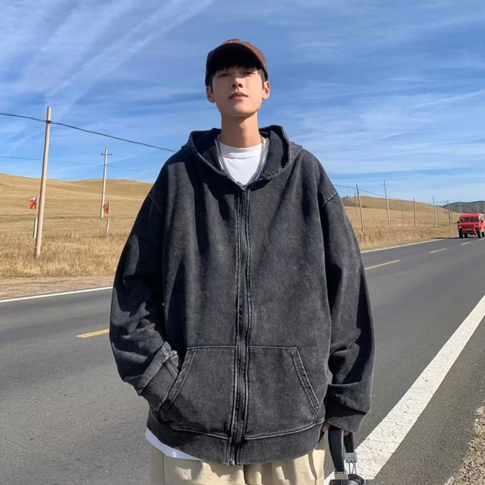 flowersverse American Style Hooded Sweatshirt Men's Zip Up Hoodie Harajuku Retro Streetwear Women Loose Jacket Spring Fall New In