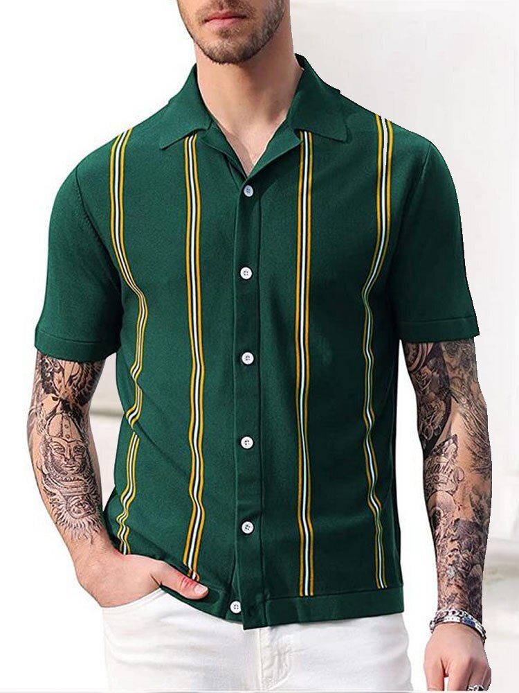 flowersverse Summer Short Sleeve Knitted Polo Shirt Casual Men Button-up Turn-down Collar Tops Mens Fashion Striped Polos Man Streetwear