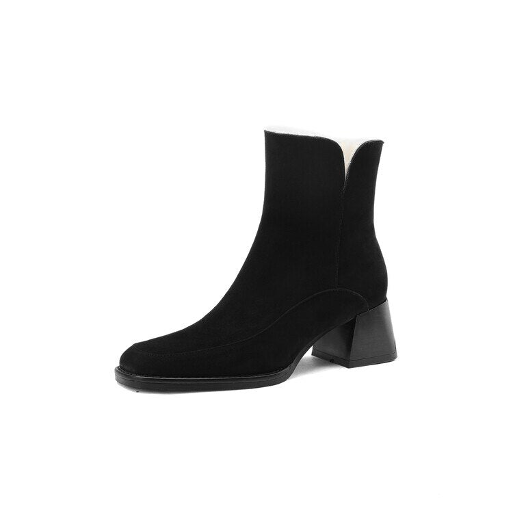 Amozae 2022 New Winter Boots For Women Cow Suede Short Boots Round Toe Thick Heel Women's Warm Shoes High-Heeled Shoes Large Size