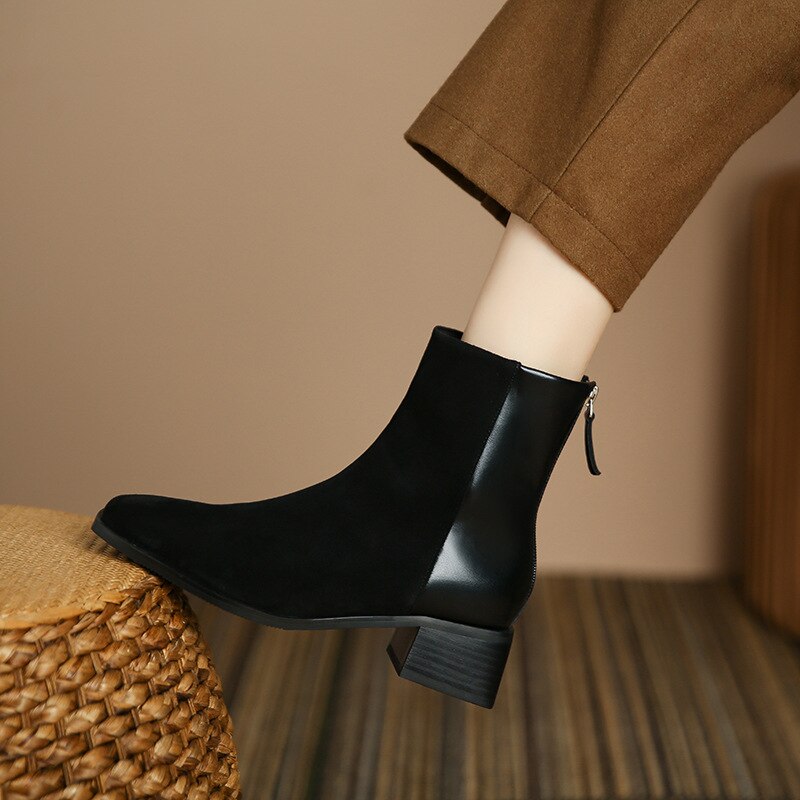 flowersverse Autumn Women Short Boots Winter Suede Stitching Square Toe Lady Shoe Rear Zipper Thick Heel Fashion Solid Elastic Female Boot
