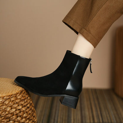 flowersverse Autumn Women Short Boots Winter Suede Stitching Square Toe Lady Shoe Rear Zipper Thick Heel Fashion Solid Elastic Female Boot