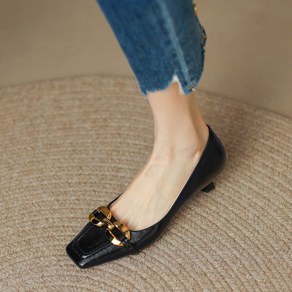 flowersverse Retro Ladies Pumps Square Head Metal Buckle Women's Single Shoes New Fashion Cat Heel Shallow Mouth Female Mid Heels Shoes