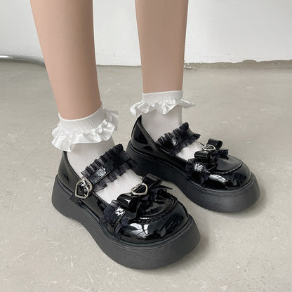 flowersverse - Sweet Lace Bowknot Lolita Shoes Women  Heart Buckle Platform Mary Janes Woman Cute Thick Bottom Non-slip JK Shoes