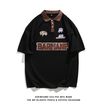 flowersverse American College Style T-shirts Plus Size Mens Short Sleeve Turn-down Collar Tops  Hip Hop Streetwear Male Loose Tee Shirts