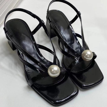 flowersverse Summer New Women's Shoes Pearl Square Toe Open Toe Thick Heels Retro Simple Style Thin Strap Combination Ladies Sandals