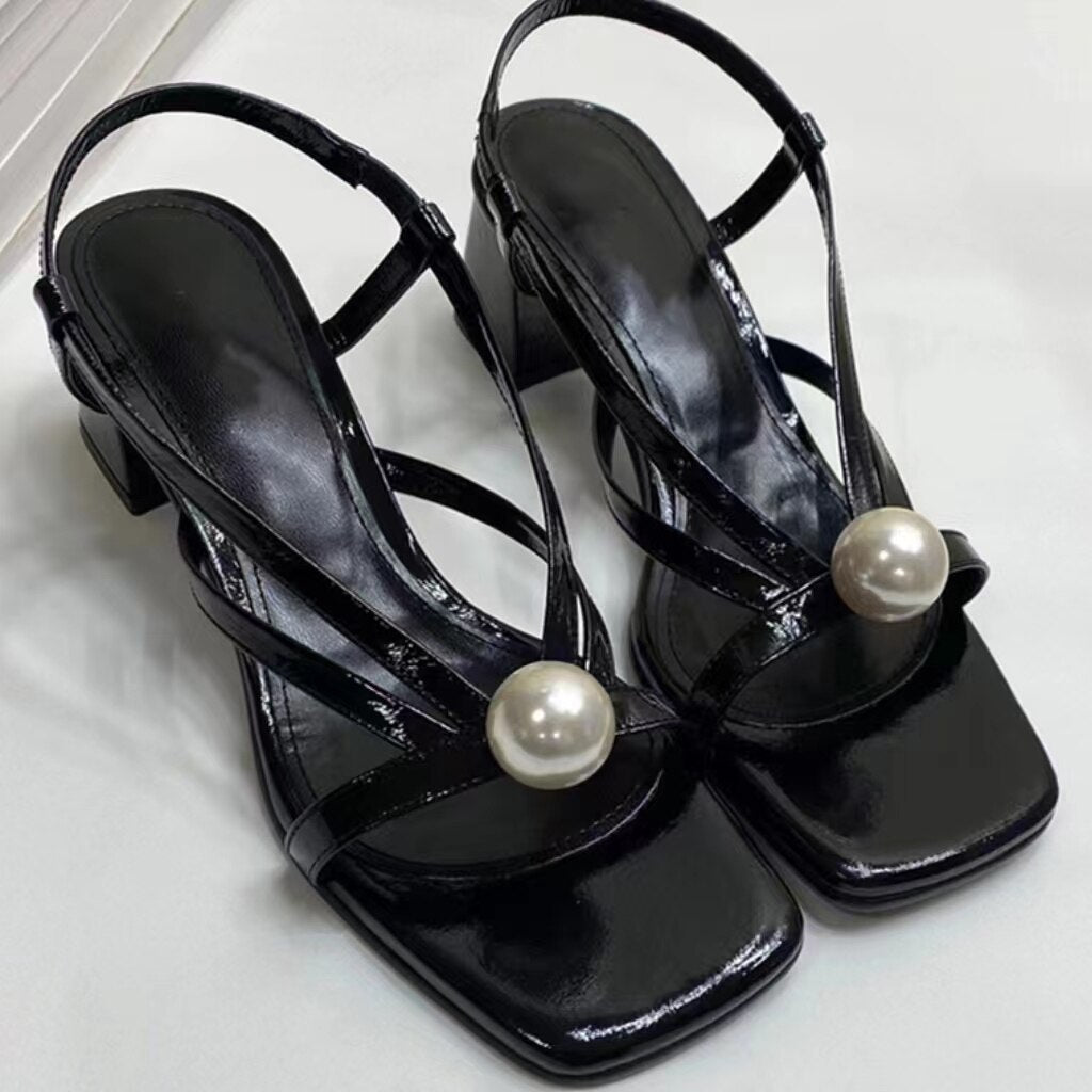 Amozae Summer New Women's Shoes Pearl Square Toe Open Toe Thick Heels Retro Simple Style Thin Strap Combination Ladies Sandals