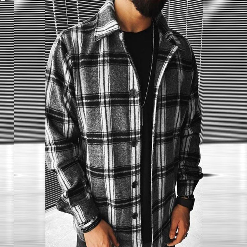 flowersverse Business Casual Plaid Print Wool Shirt Jacket Men  Spring Single Breasted Lapel Top Autumn Pocket Patchwork T-shirt Cardigan