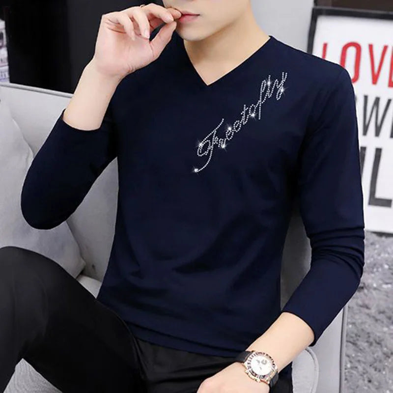 flowersverse  -  Fashion V-Neck All-match Diamonds T-Shirt Men's Clothing Autumn New Oversized Casual Pullovers Tops Loose Korean Tee Shirt