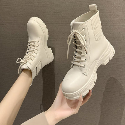 flowersverse New Women White Ankle Boot PU Leather Thick Sole Lace Up Combat Booties Female Autumn Winter Platform Shoes Rubber Cowboy Boots