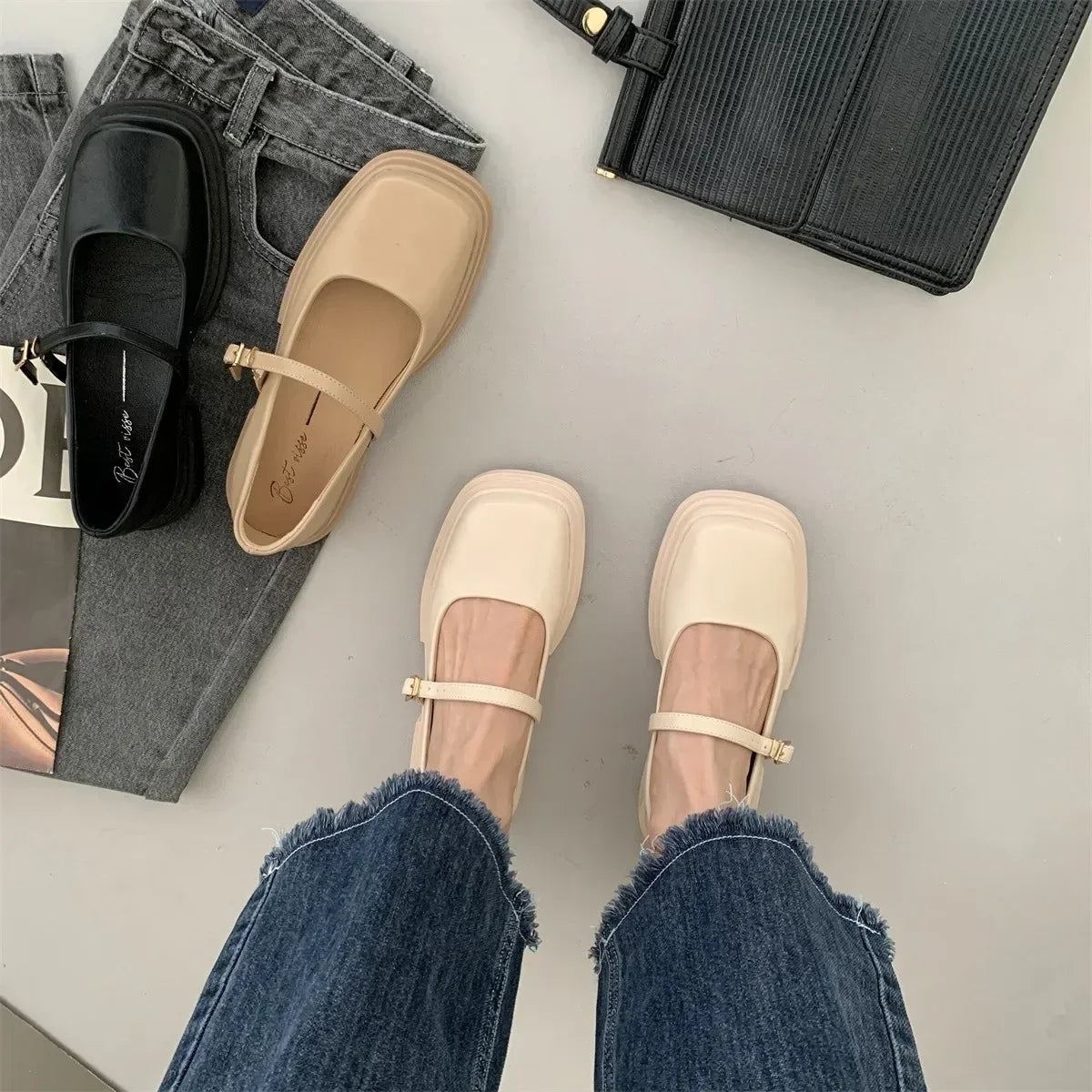 Mary Jane Shoes Women Square Toe British Style Small Leather Shoes Women Thick Heels Elegant Shallow Footwear Fashion Lady Shoes