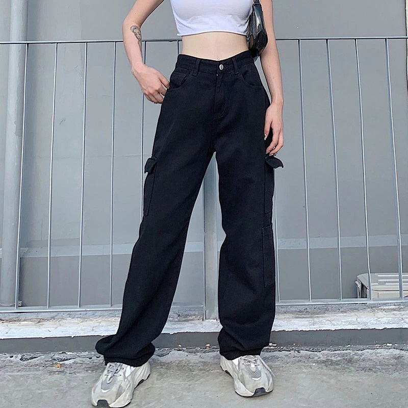 Weekeep Fashion Streetwear Women Pocket Jeans High Waist Jeans Korean Casual Straight Harajuku Denim Pants Baggy Cargo Pants