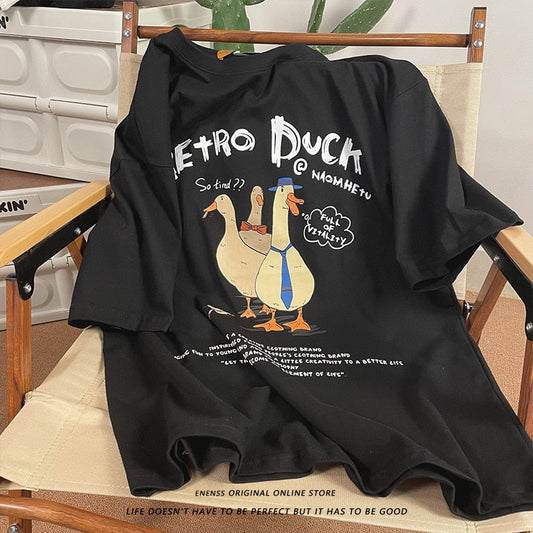 flowersverse Vintage Funny T-shirt for Mens Harajuku Cartoon Ducks Print Graphic T Shirts Y2k Streetwear American Tee Summer Short Sleeve Top