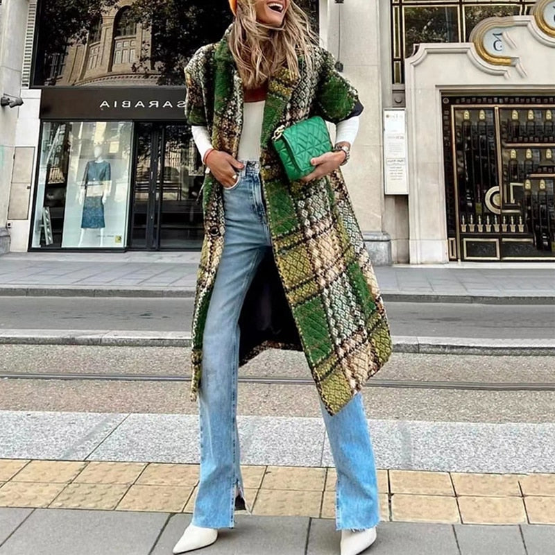 flowersverse Fashion Plaid Print Long Cardigan Coats Autumn Winter Women Casual Long Sleeve Loose Outerwear Elegant Lapel Button Jackets