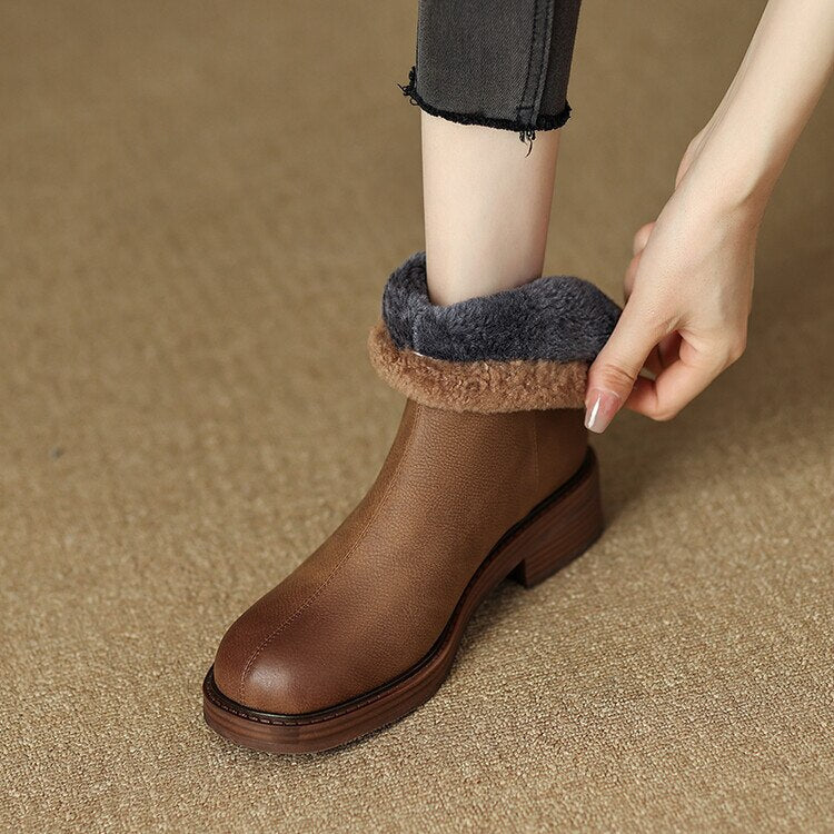 flowersverse New  Winter Ankle Boots Women Chunky Heels Round Toe Boots Casual Shoes For Women Thermal Plush Boots Simplicity Women Boots