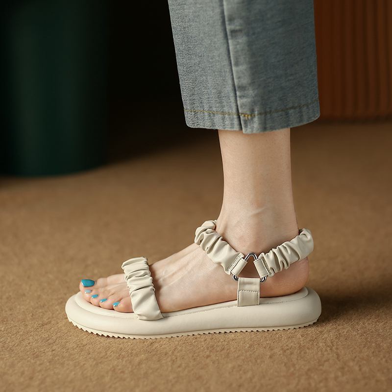 Amozae New Summer Woman Sandal Open-toe Low-heeled Platform Pleated Decorative Female Slipper Fashion High Quality Simplicity Lady Shoe