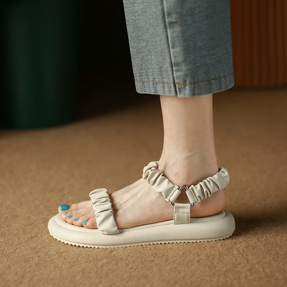 Amozae New Summer Woman Sandal Open-toe Low-heeled Platform Pleated Decorative Female Slipper Fashion High Quality Simplicity Lady Shoe