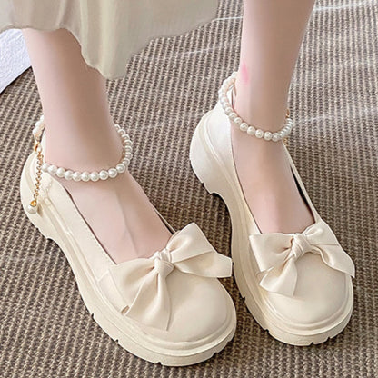 flowersverse - Lolita Shoes Latform Loafers Mary Jane Shoes Women Retro British Small Leather Shoes Bow Tie Lolita Small Leather Shoes