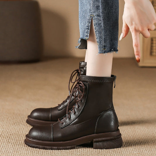 flowersverse New Winter Women Boots British Style Leather Exquisite Retro Thick Heel Short Lady Shoe Fashion Solid Zipper Concise Female Shoe