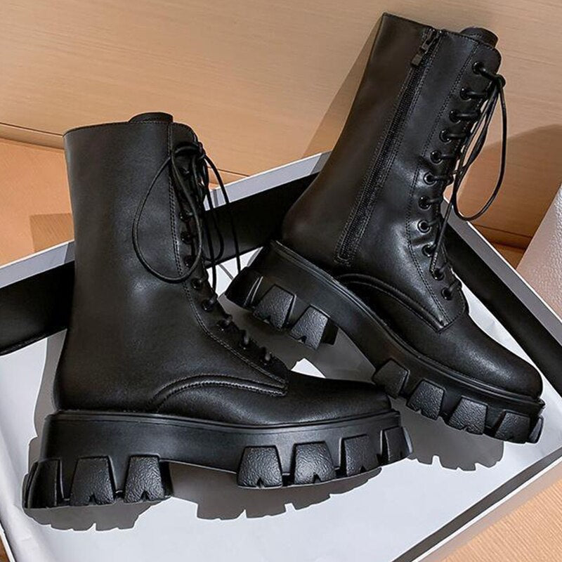 Christmas Gift New Boots Women Fashion Lace Up Non Slip Platform Mid Calf Boots Woman Autumn Shoes Zip Comfort Chunky Boots Female Botas Mujer