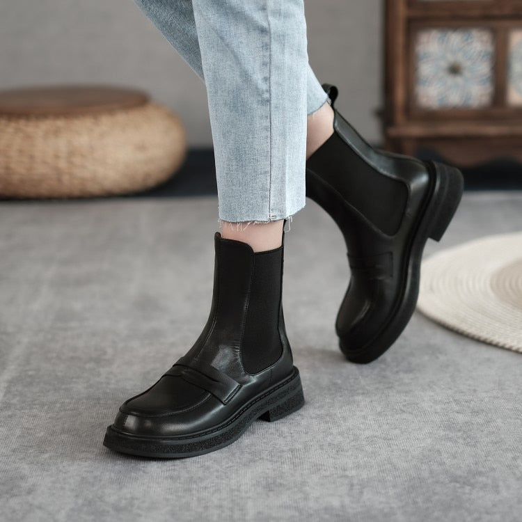 Amozae Amozae 2023 Autumn Winter New Chelsea Boots High Quality Casual Round Toe Women's Boots Slip-On Heel Ankle Boots Handmade Women Shoes