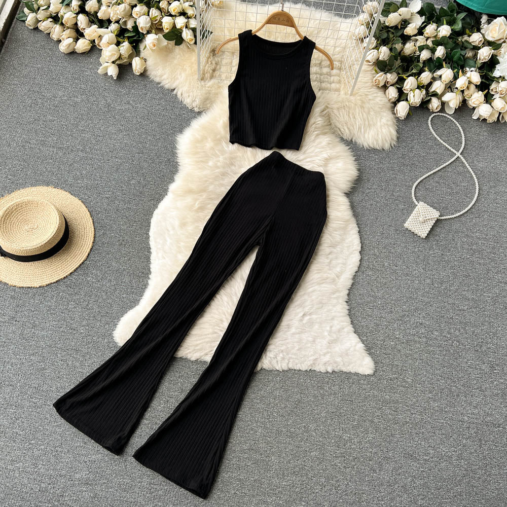 Women Casual Pants Set Fashion Bodycon Slim Short Tank Top +Striped Wide Legs Long Pants Solid Summer Two Piece Suit