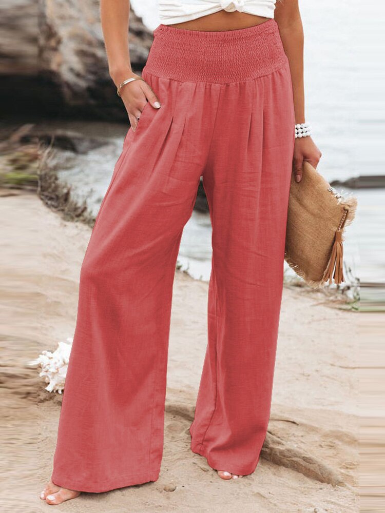 Spring Autumn Button Wide Leg Pants Women Solid Casual Cotton Linen Long Pants Elegant Female Slim Straight Thin Trousers