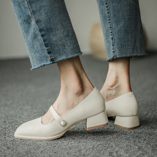 flowersverse Pearl Bow Ladies Shoes Square Head Elegant Thick Heel Women's Shoes Beaded Shallow Mouth High Heels Sweat Dress Female Pumps