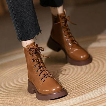 Graduation Gift Stitching Bright Women's Short Boots Winter Autumn Chunky Heel New Lace-Up Round Toe Handsome Motorcycle Fashion Solid Boots