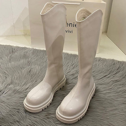 flowersverse Women Boots Fashion Casual Non Slip Zipper Knee Boots Woman Comfortable Round Boots Ladies Platform PU Winter Boot Female
