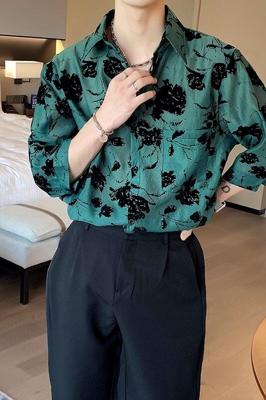 flowersverse Summer Men's Cargo Loose Hawaiian Shirt Green Color Cotton Clothes Casual Shirts Streetwear Camisa Masculina Size M-2XL