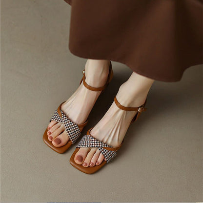 Amozae Summer Women Sandals Square Toe Chunky Heel Pleated Female Slipper Fashion Leisure Outer High Quality Breathable Lady Shoe