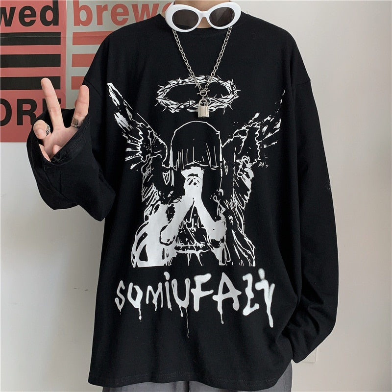flowersverse Men Long Sleeve T-Shirts Autumn Print Gothic Vintage Ulzzang Cozy High Street Streetwear Trendy Baggy Korean Version Harajuku Bf