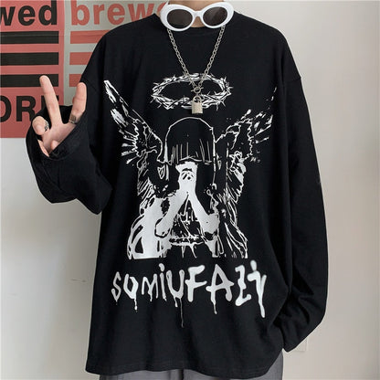 flowersverse Men Long Sleeve T-Shirts Autumn Print Gothic Vintage Ulzzang Cozy High Street Streetwear Trendy Baggy Korean Version Harajuku Bf